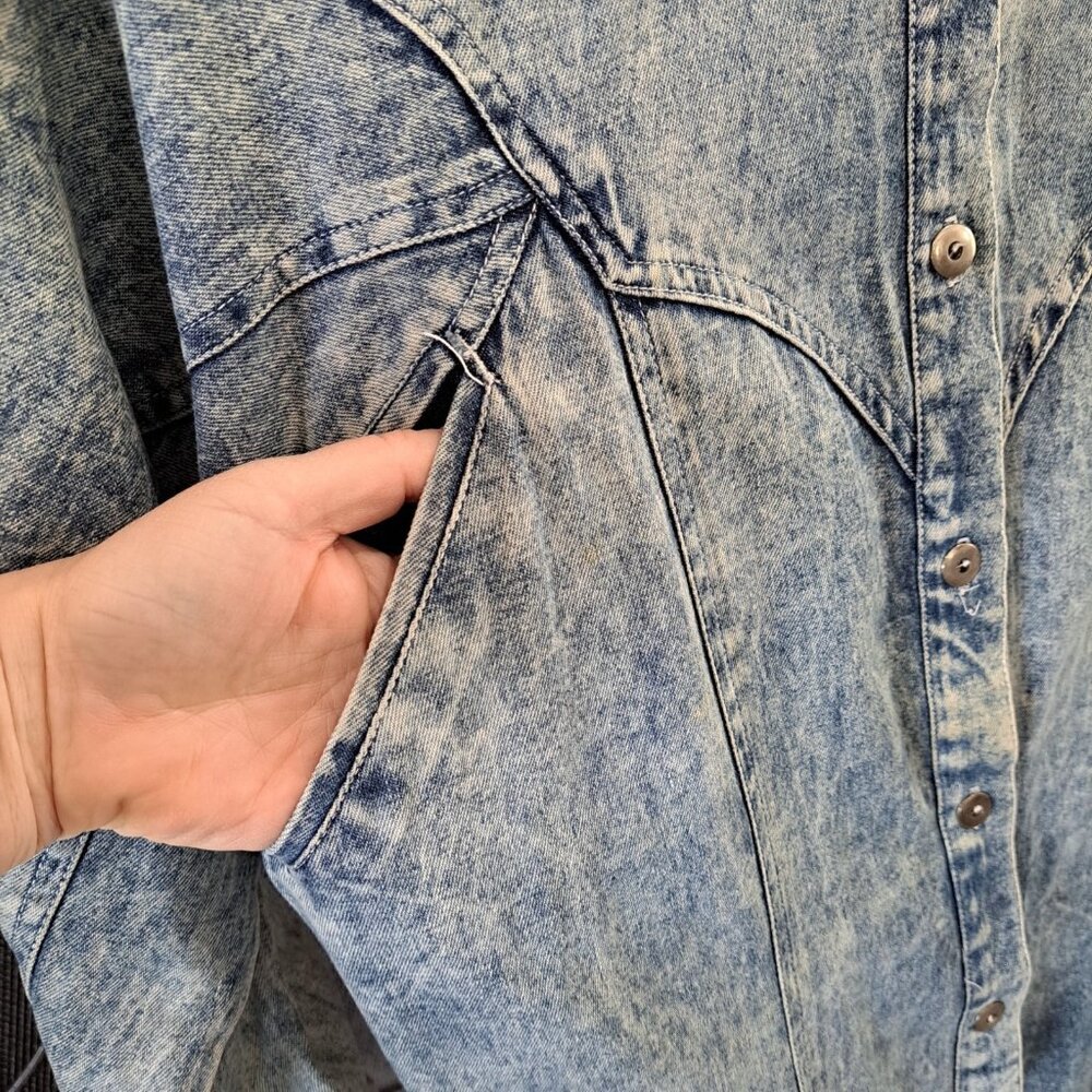 Vtg 80's Acid Stone Washed Women's Denim Maxi Dress Long Slv Button Med Western - Picture 4 of 12